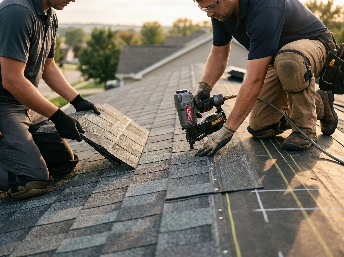 Professional roofer working on a residential roof in Pullman